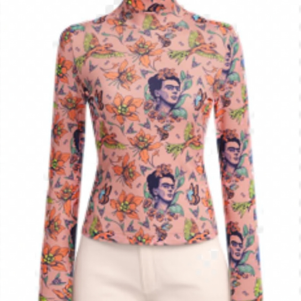L💥Frida Kahlo & Shein Mock Neck Figure Floral Artistic Print Blouse Top